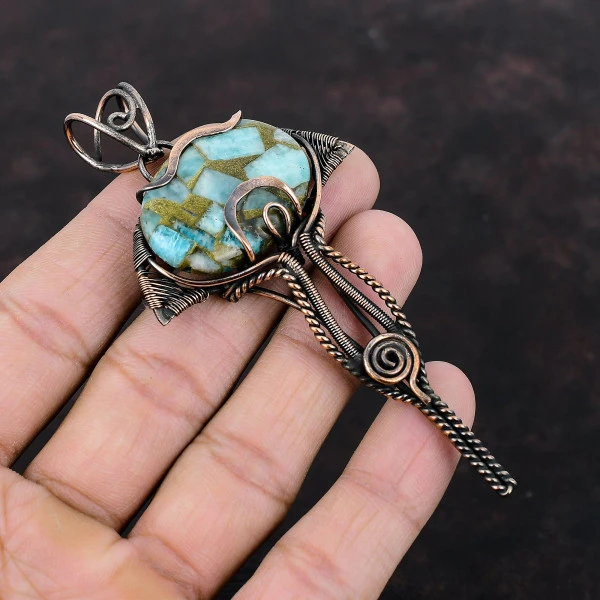 Copper Amazonite Oval Green Handmade Copper Wire Wrapped Pendant