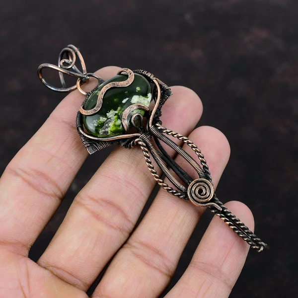 Australian Chrome Chalcedony Oval Green Handmade Copper Wire Wrapped Pendant