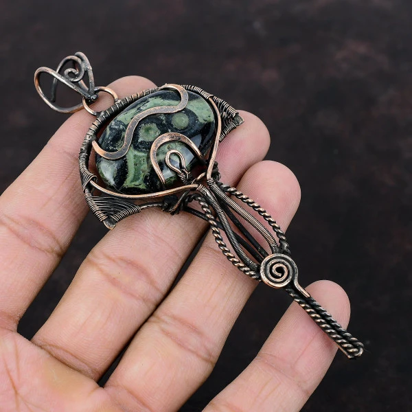 Kambaba Jasper Oval Green Handmade Copper Wire Wrapped Pendant