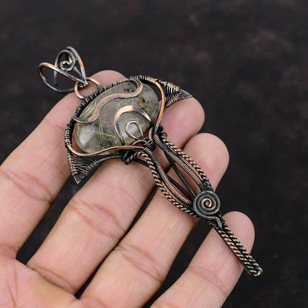 Golden Rutile Oval White Handmade Copper Wire Wrapped Pendant