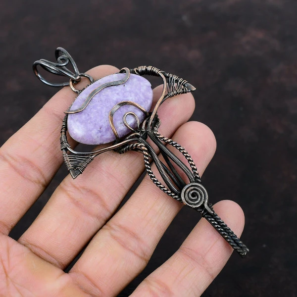 Lepidolite Oval Purple Handmade Copper Wire Wrapped Pendant