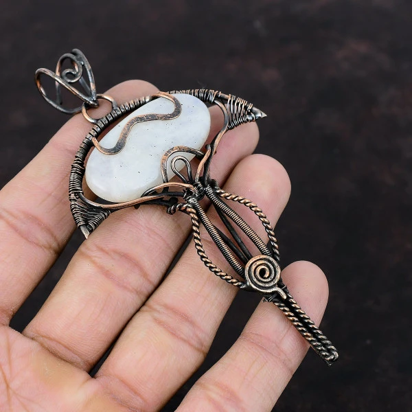 Rainbow Moonstone Oval White Handmade Copper Wire Wrapped Pendant