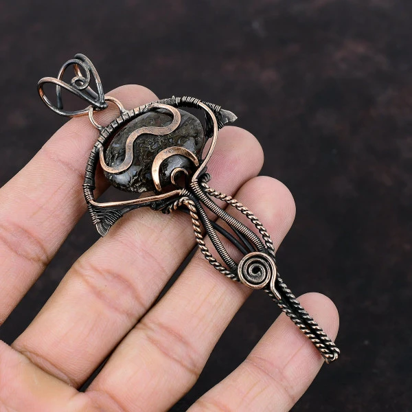 Dinosaur Bone Oval Brown Handmade Copper Wire Wrapped Pendant