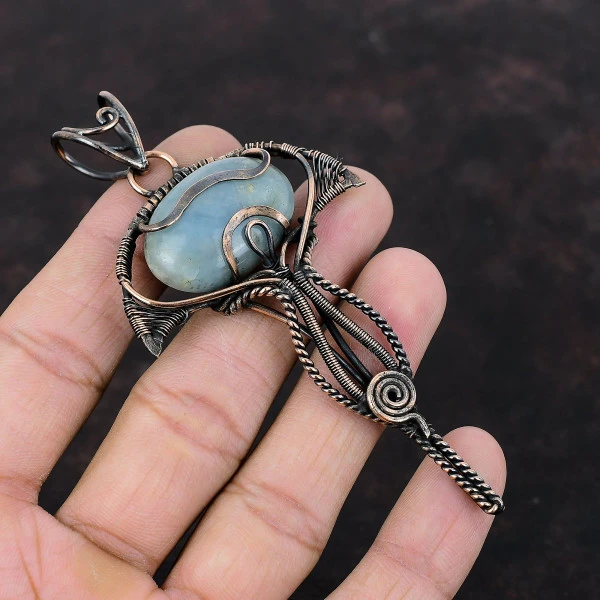 Aquamarine Oval Blue Handmade Copper Wire Wrapped Pendant