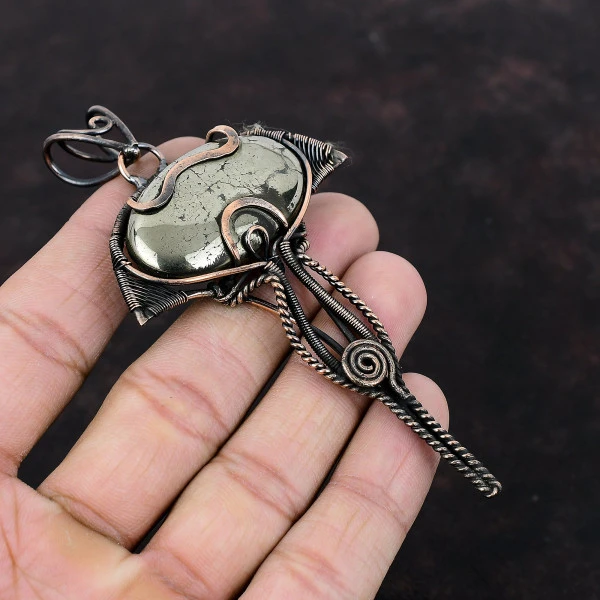 Pyrite Oval Gold Handmade Copper Wire Wrapped Pendant