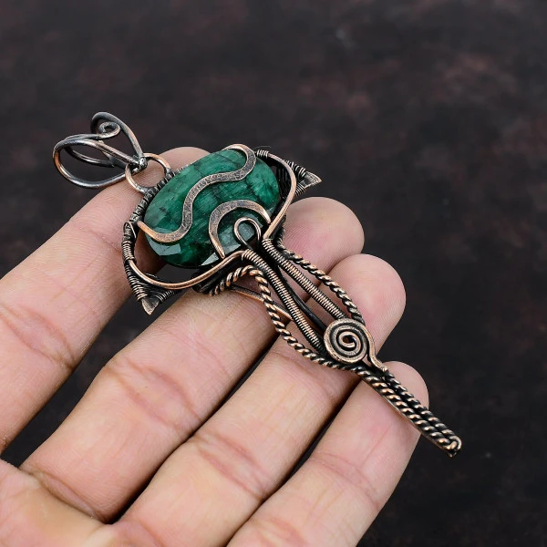 Zambian Emerald Oval Green Handmade Copper Wire Wrapped Pendant
