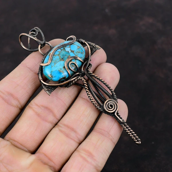 Copper Blue Turquoise Oval Blue Handmade Copper Wire Wrapped Pendant
