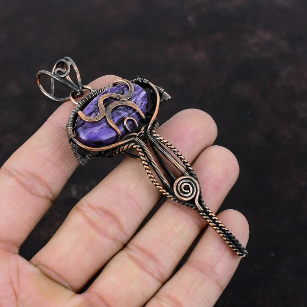 Charoite Oval Purple Handmade Copper Wire Wrapped Pendant