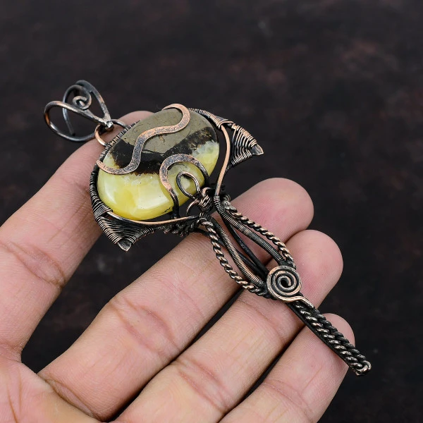 Septarian Oval Yellow Handmade Copper Wire Wrapped Pendant