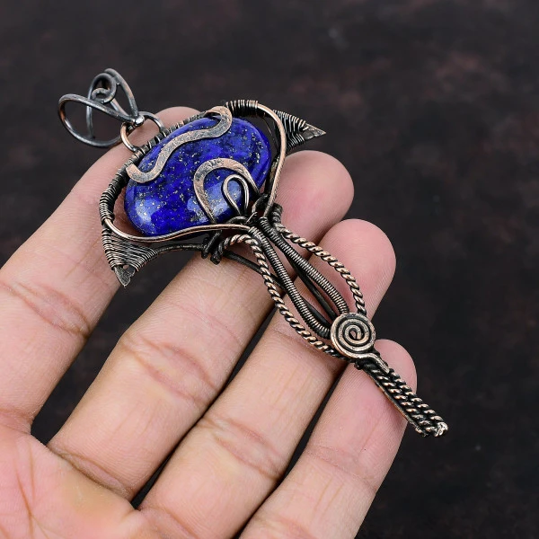 Lapis Lazuli Oval Blue Handmade Copper Wire Wrapped Pendant