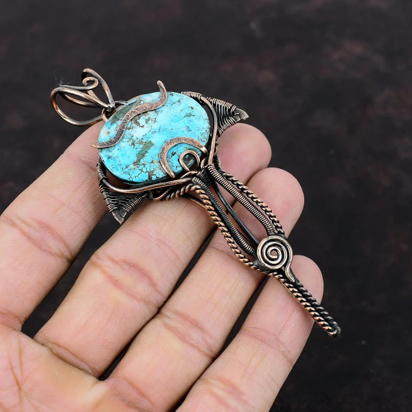Tibetan Turquoise Oval Blue Handmade Copper Wire Wrapped Pendant