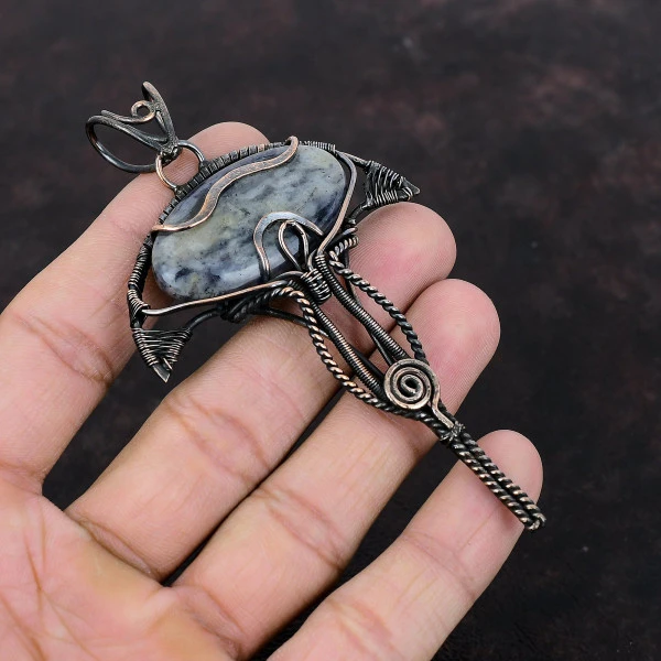 Iolite Sunstone Oval Blue Handmade Copper Wire Wrapped Pendant