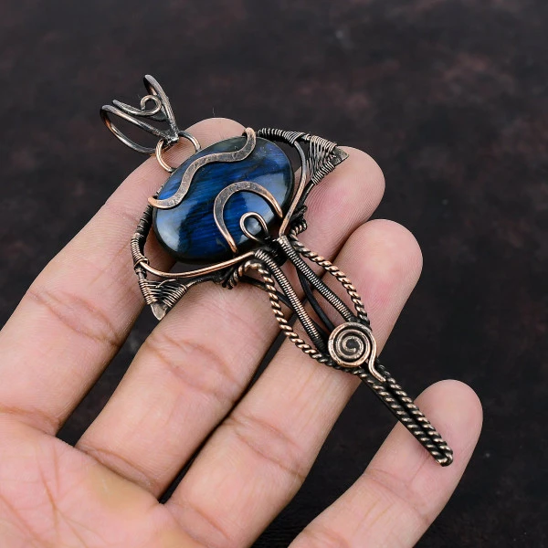 Labradorite Oval Blue Handmade Copper Wire Wrapped Pendant
