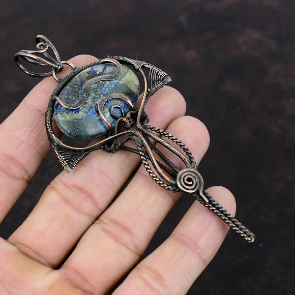 Azurite Malachite Oval Green Handmade Copper Wire Wrapped Pendant