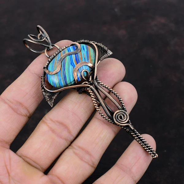 Rainbow Calsilica Oval Blue Handmade Copper Wire Wrapped Pendant