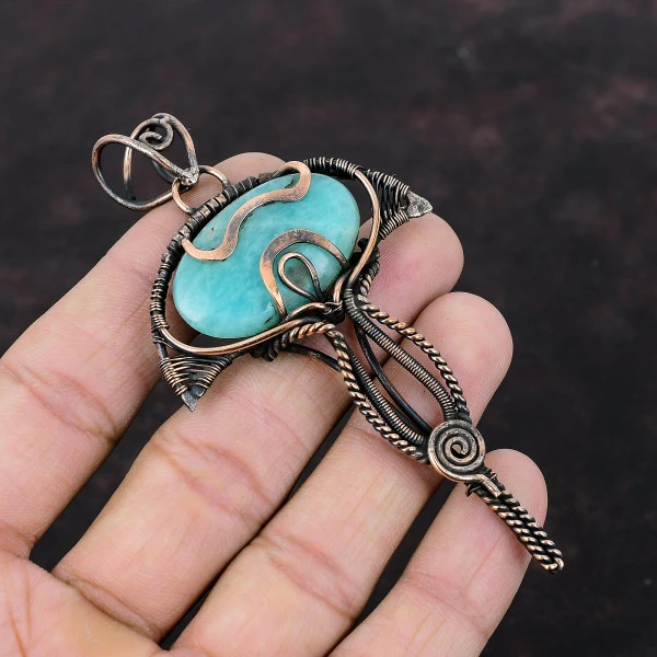 Amazonite Oval Green Handmade Copper Wire Wrapped Pendant