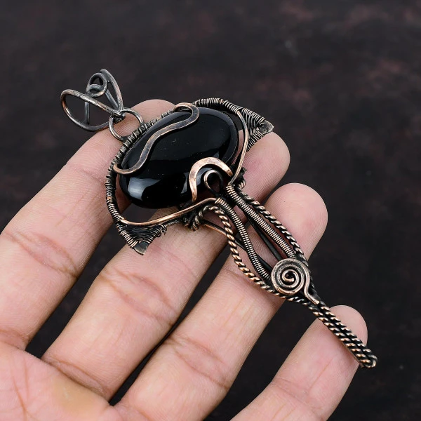 Black Onyx Oval Black Handmade Copper Wire Wrapped Pendant