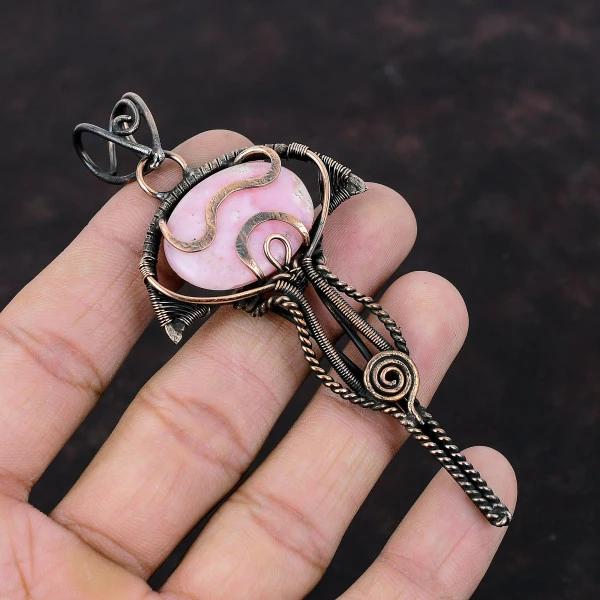 Pink Opal Oval Pink Handmade Copper Wire Wrapped Pendant