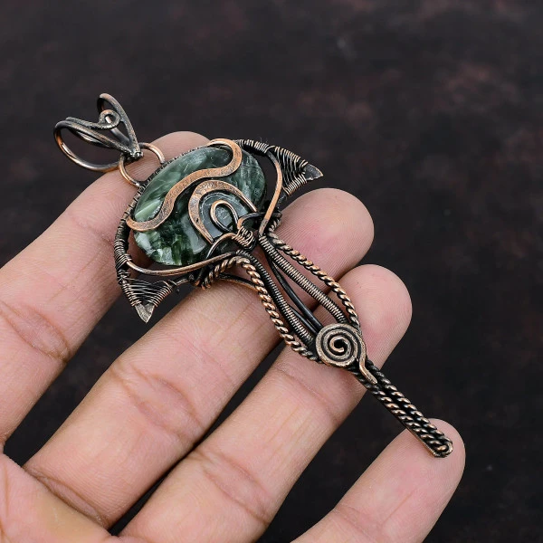 Seraphinite Oval Green Handmade Copper Wire Wrapped Pendant