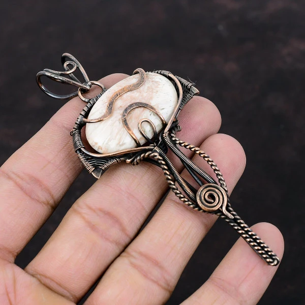 Scolecite Oval Peach Handmade Copper Wire Wrapped Pendant
