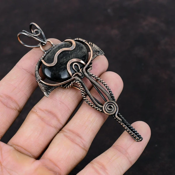 Silver Sheen Obsidian Oval Black Handmade Copper Wire Wrapped Pendant