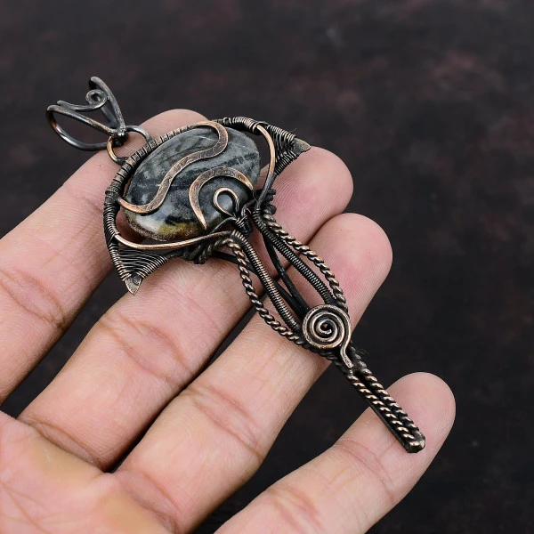 Picasso Jasper Oval Black Handmade Copper Wire Wrapped Pendant