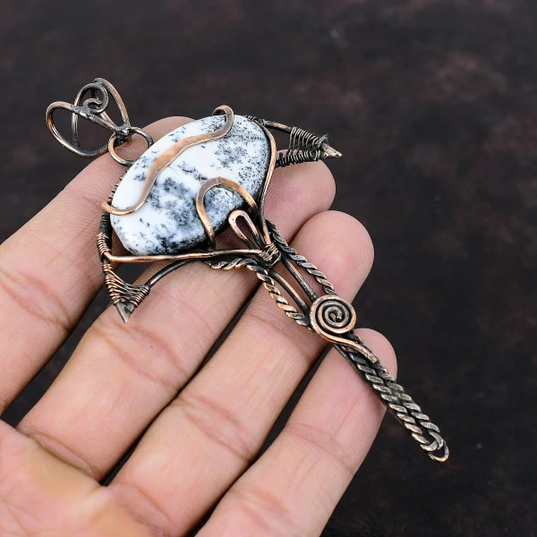 Dendrite Opal Oval White Handmade Copper Wire Wrapped Pendant