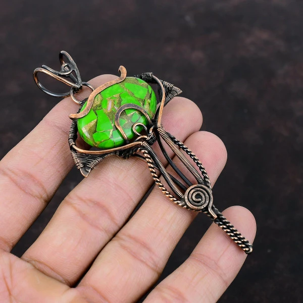 Copper Green Turquoise Oval Green Handmade Copper Wire Wrapped Pendant