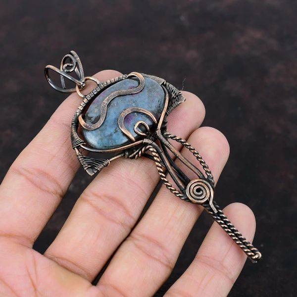 Ruby In Blue Kyanite Oval Blue Handmade Copper Wire Wrapped Pendant