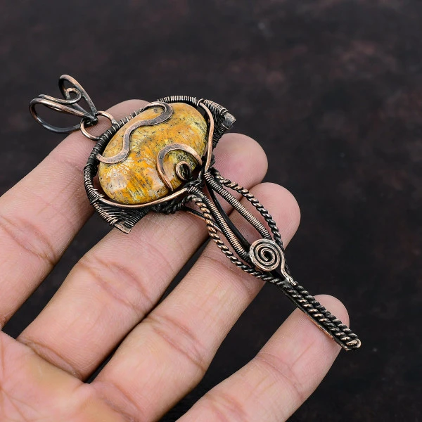 Fossil Coral Oval Yellow Handmade Copper Wire Wrapped Pendant