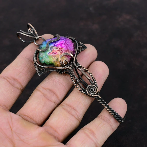 Rainbow Solar Quartz Druzy Round Pink Handmade Copper Wire Wrapped Pendant