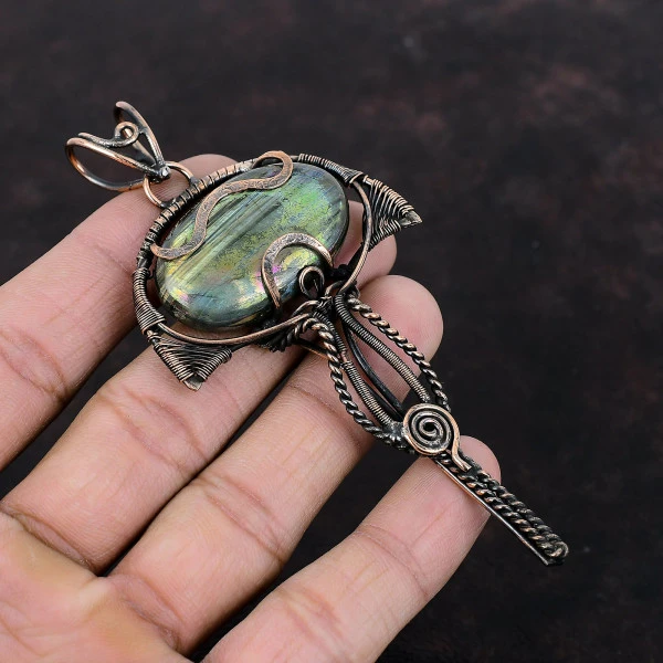 Mystic Fire Labradorite Oval Gray Handmade Copper Wire Wrapped Pendant