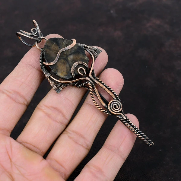 Chiastolite Pentagon Brown Handmade Copper Wire Wrapped Pendant