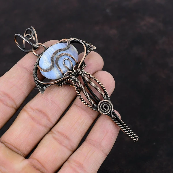 Blue Lace Agate Oval Blue Handmade Copper Wire Wrapped Pendant