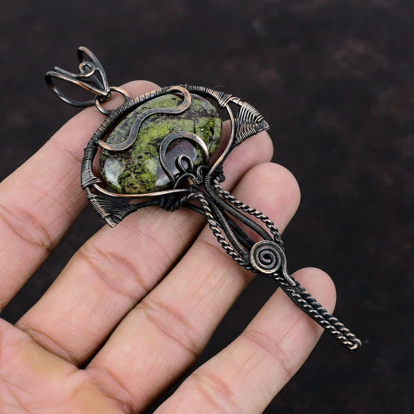 Dragon Bloodstone Oval Green Handmade Copper Wire Wrapped Pendant