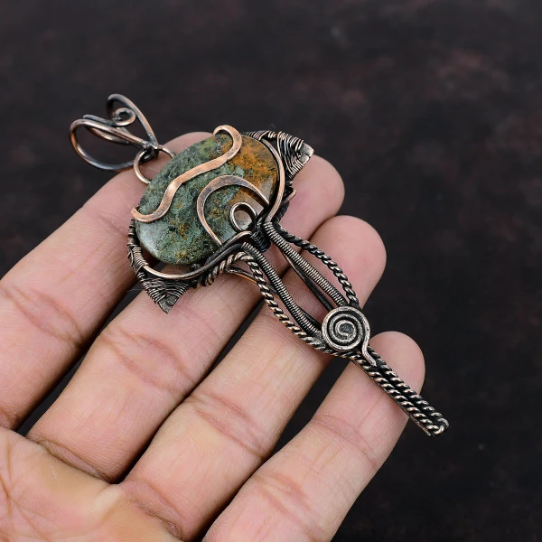 Spessartine Garnet in Limestone Oval Green Handmade Copper Wire Wrapped Pendant