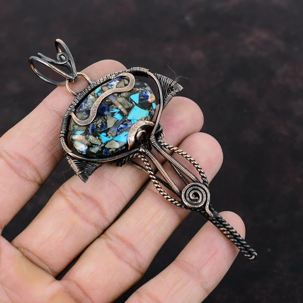 Copper Multi Turquoise Oval Blue Handmade Copper Wire Wrapped Pendant