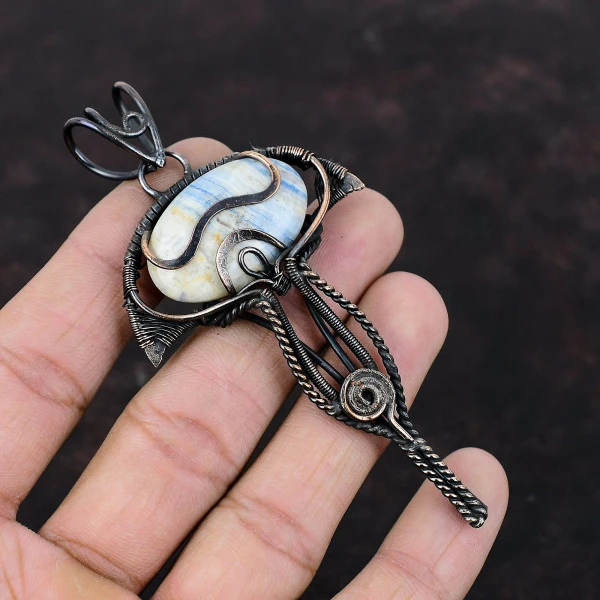 Blue Scheelite Oval Blue Handmade Copper Wire Wrapped Pendant