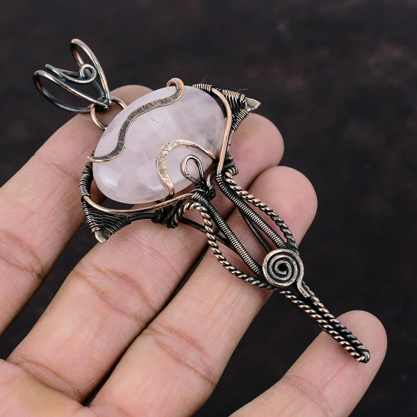 Rose Quartz Oval Pink Handmade Copper Wire Wrapped Pendant