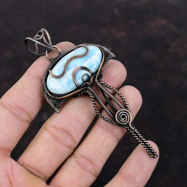 Larimar Oval Blue Handmade Copper Wire Wrapped Pendant