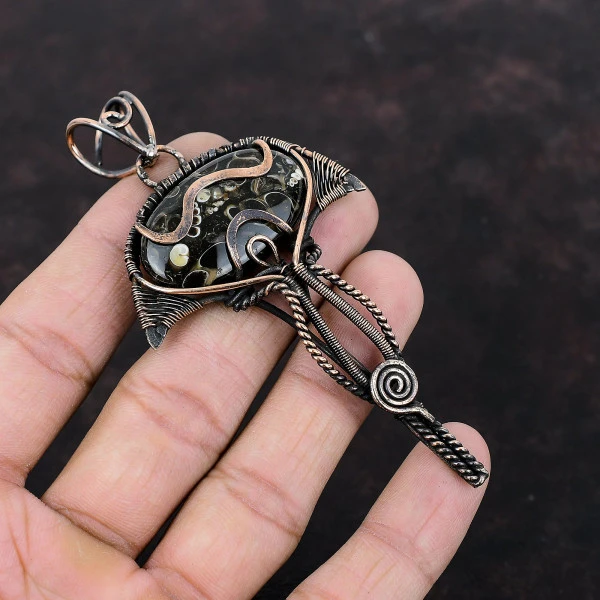 Turritella Agate Oval Brown Handmade Copper Wire Wrapped Pendant
