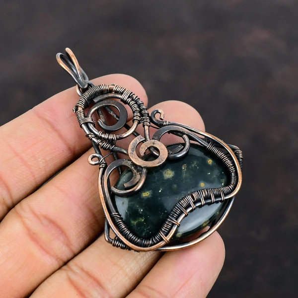 Ocean Jasper Oval Green Handmade Copper Wire Wrapped Pendant