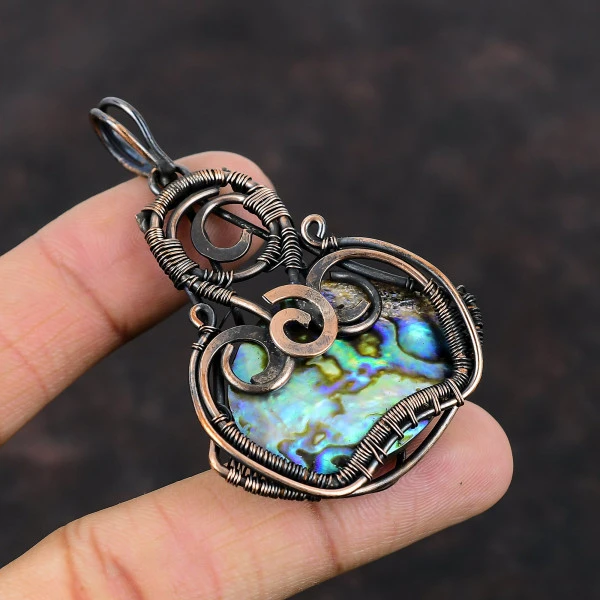 Abalone Shell Oval Green Handmade Copper Wire Wrapped Pendant