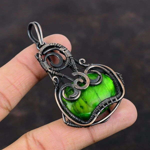 Green Fire Labradorite Oval Green Handmade Copper Wire Wrapped Pendant