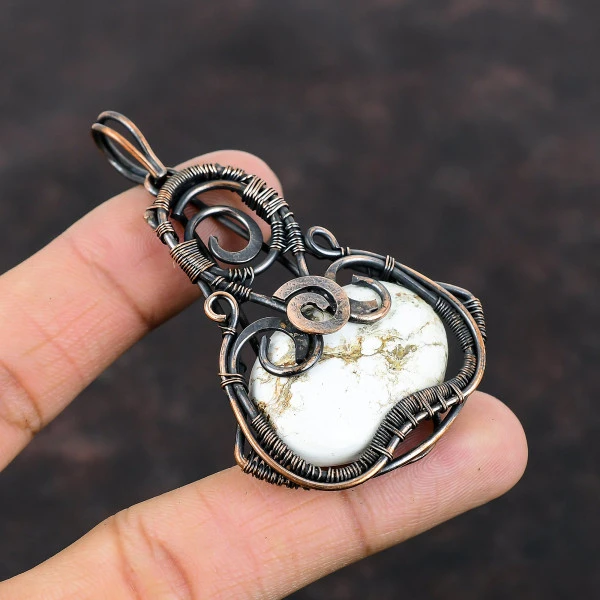 Wild Horse Magnesite Oval White Handmade Copper Wire Wrapped Pendant