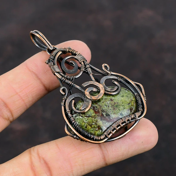 Dragon Bloodstone Oval Green Handmade Copper Wire Wrapped Pendant