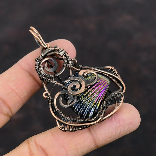 Titanium Coated Shell Pear Pink Handmade Copper Wire Wrapped Pendant
