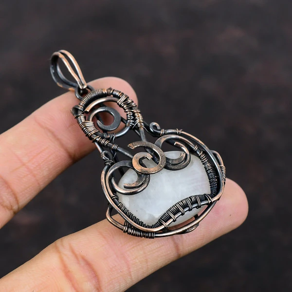 Rainbow Moonstone Oval White Handmade Copper Wire Wrapped Pendant