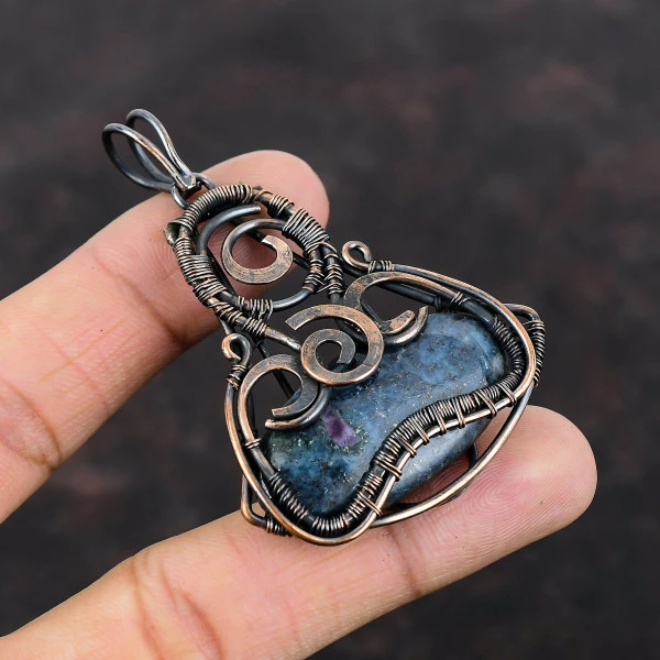 Ruby In Blue Kyanite Oval Blue Handmade Copper Wire Wrapped Pendant