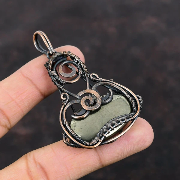 Pyrite Oval Gold Handmade Copper Wire Wrapped Pendant